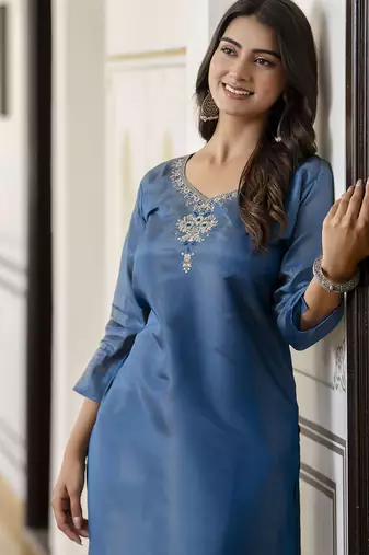 Teal color shimmer silk embroidery readymade kurti