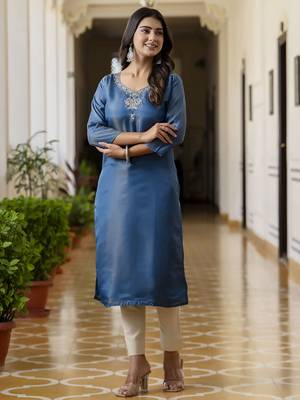Teal color shimmer silk embroidery readymade kurti 4