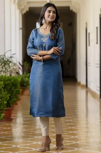 Teal color shimmer silk embroidery readymade kurti
