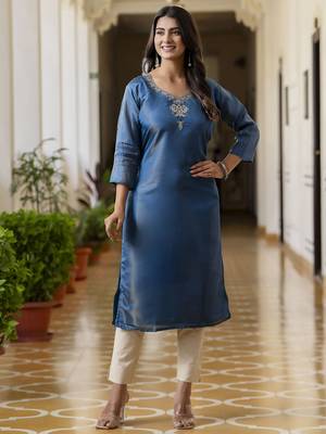 Teal color shimmer silk embroidery readymade kurti 5
