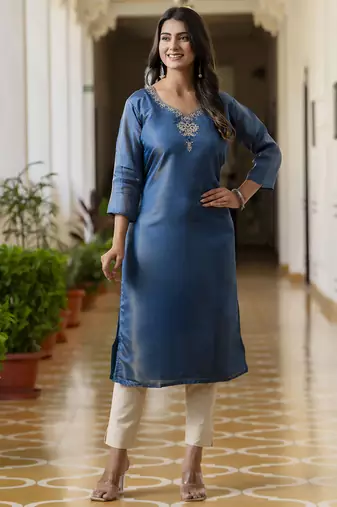 Teal color shimmer silk embroidery readymade kurti