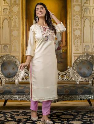 Off white color shimmer silk embroidery readymade kurti 1