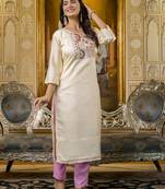 Off white color shimmer silk embroidery work readymade kurti