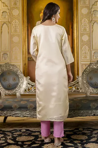 Off white color shimmer silk embroidery readymade kurti
