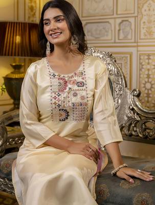 Off white color shimmer silk embroidery readymade kurti 3
