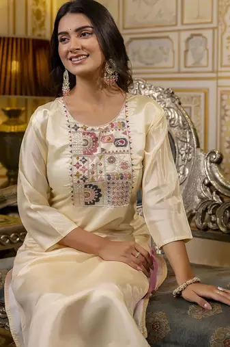 Off white color shimmer silk embroidery readymade kurti
