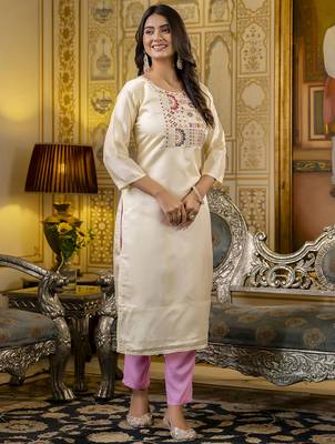 Off white color shimmer silk embroidery readymade kurti 4