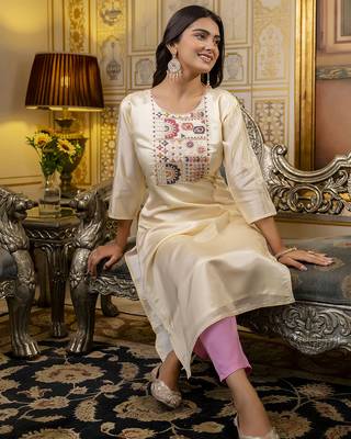 Off white color shimmer silk embroidery readymade kurti 5