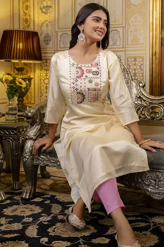 Off white color shimmer silk embroidery readymade kurti