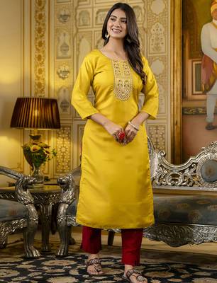 Yellow color shimmer silk embroidery readymade kurti 1
