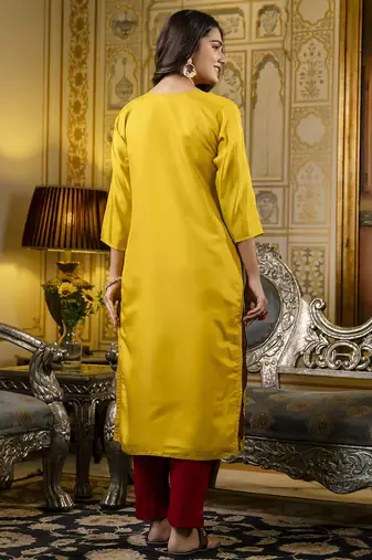 Yellow color shimmer silk embroidery readymade kurti