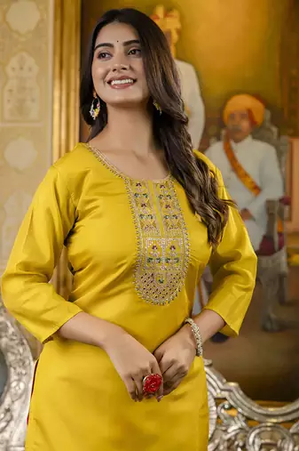 Yellow color shimmer silk embroidery readymade kurti