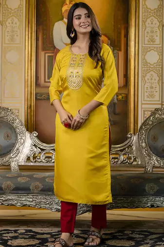 Yellow color shimmer silk embroidery readymade kurti