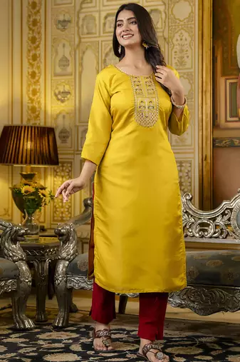Yellow color shimmer silk embroidery readymade kurti