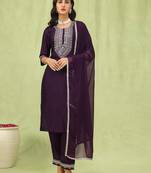 Purple color silk blend beautiful embroidered readymade kurta set with dupatta