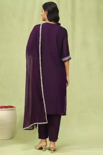 Purple color silk blend beautiful embroidered readymade kurta set with dupatta