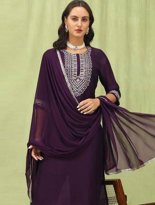 Purple color silk blend beautiful embroidered readymade kurta set with dupatta 3