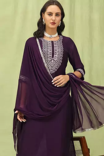 Purple color silk blend beautiful embroidered readymade kurta set with dupatta