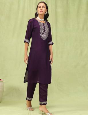 Purple color silk blend beautiful embroidered readymade kurta set with dupatta 4