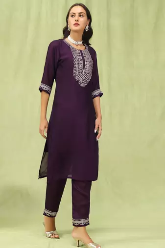 Purple color silk blend beautiful embroidered readymade kurta set with dupatta