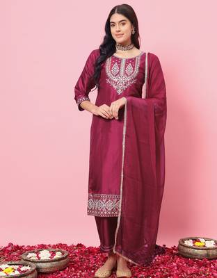 Cherry red color silk blend beautiful embroidered readymade kurta set with dupatta 1
