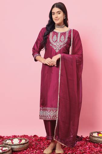 Cherry red color silk blend beautiful embroidered readymade kurta set with dupatta