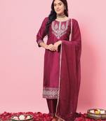 Cherry red color silk blend beautiful embroidered readymade kurta set with dupatta