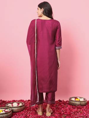 Cherry red color silk blend beautiful embroidered readymade kurta set with dupatta 2