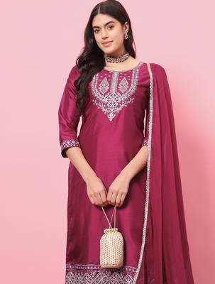 Cherry red color silk blend beautiful embroidered readymade kurta set with dupatta 3