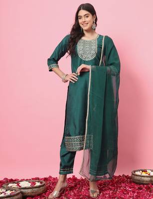 Green color silk blend beautiful embroidered readymade kurta set with dupatta 1
