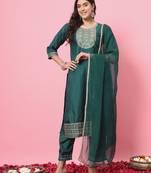 Green color silk blend beautiful embroidered readymade kurta set with dupatta