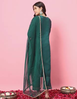Green color silk blend beautiful embroidered readymade kurta set with dupatta 2