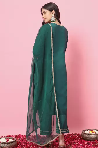 Green color silk blend beautiful embroidered readymade kurta set with dupatta