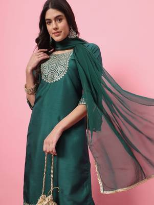 Green color silk blend beautiful embroidered readymade kurta set with dupatta 3