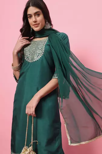 Green color silk blend beautiful embroidered readymade kurta set with dupatta