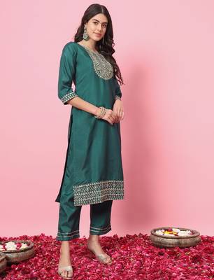 Green color silk blend beautiful embroidered readymade kurta set with dupatta 4