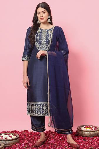 Blue color silk blend beautiful embroidered readymade kurta set with dupatta