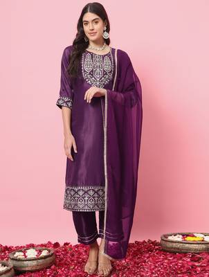Purple color silk blend beautiful embroidered readymade kurta set with dupatta 1