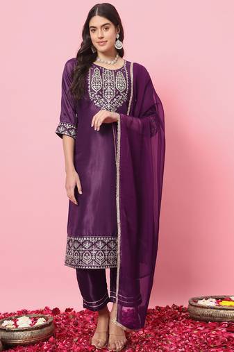 Purple color silk blend beautiful embroidered readymade kurta set with dupatta