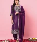 Purple color silk blend beautiful embroidered readymade kurta set with dupatta