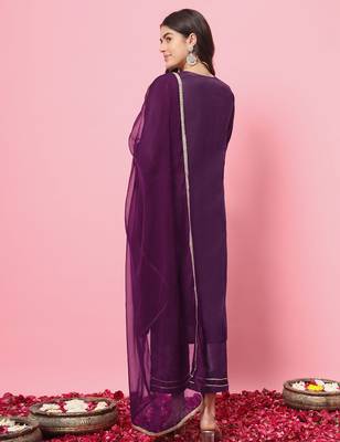 Purple color silk blend beautiful embroidered readymade kurta set with dupatta 2
