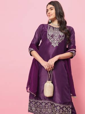 Purple color silk blend beautiful embroidered readymade kurta set with dupatta 3