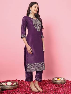Purple color silk blend beautiful embroidered readymade kurta set with dupatta 4
