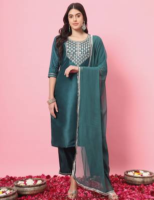 Green color silk blend beautiful embroidered readymade kurta set with dupatta 1