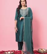 Green color silk blend beautiful embroidered readymade kurta set with dupatta