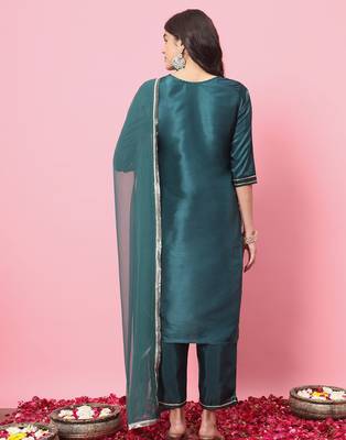 Green color silk blend beautiful embroidered readymade kurta set with dupatta 2