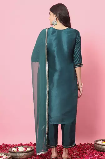 Green color silk blend beautiful embroidered readymade kurta set with dupatta