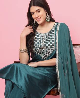 Green color silk blend beautiful embroidered readymade kurta set with dupatta 3