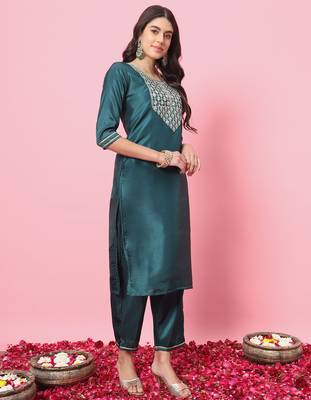 Green color silk blend beautiful embroidered readymade kurta set with dupatta 4
