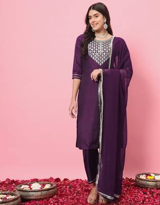 Purple color silk blend beautiful embroidered readymade kurta set with dupatta 1